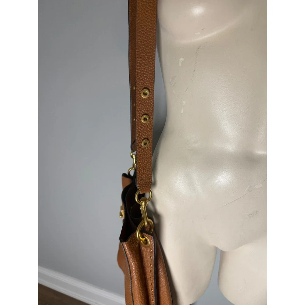 Rebecca Minkoff Brown Pebbled Leather Studded Crossbody Bucket Bag Gold Hardware